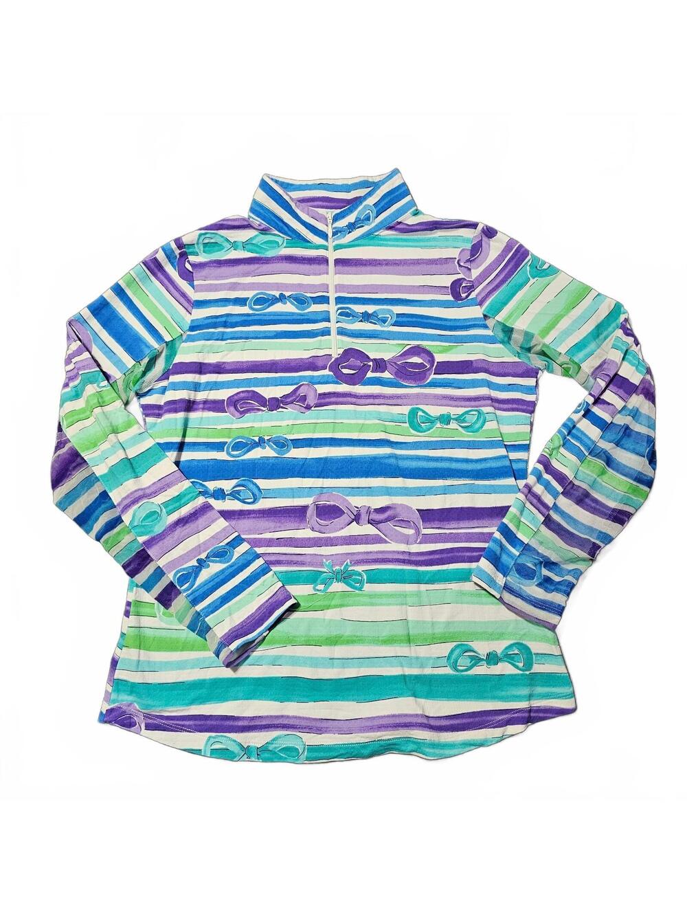 Ibkul Women's Medium Long Sleeve 1/4 Zip Multi Color Striped Pattern Running Top